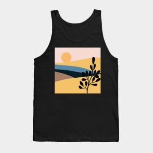 Contemporary abstract mountains and hills landscape with leaves branch digital design illustration Tank Top